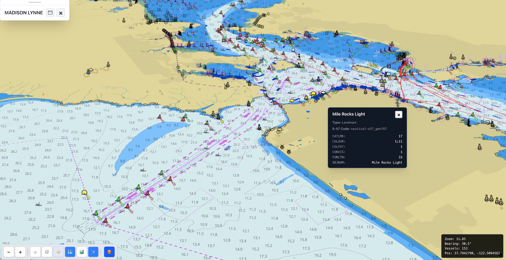 Product demo video preview showing vessel tracking with red trackline in San Francisco Bay